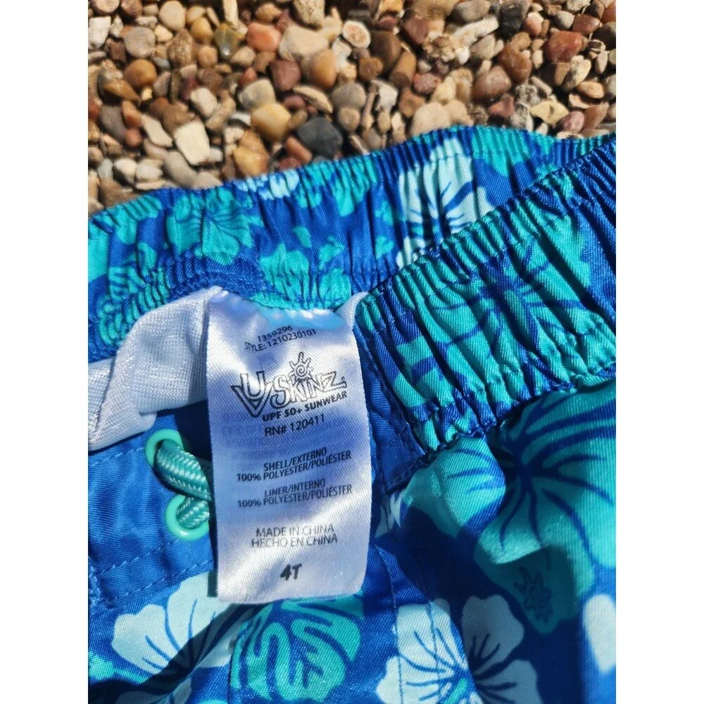 UV SKINZ Boys 2 Piece Tropical Swim Set Blue Hawaiian Floral 4T UPF 50+ Swimwear